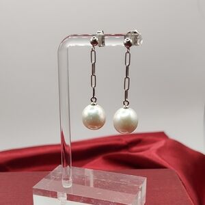Gorgeous Vintage Chain Link Dangling Real Pearl Earrings 925 Silver